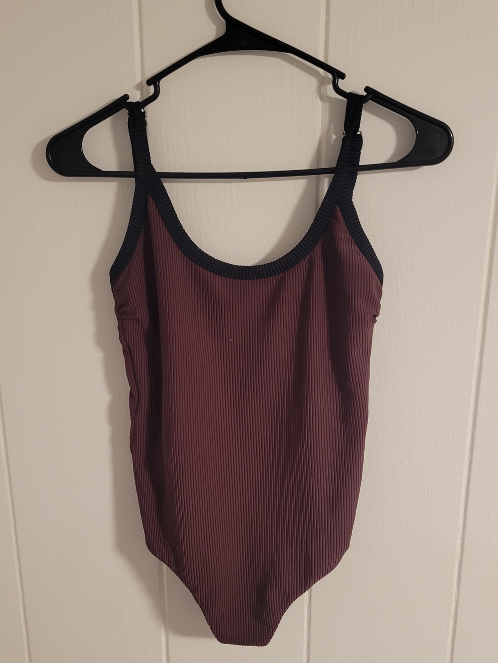 Brown Ribbed One-Piece Swimsuit with Black Trim - Small